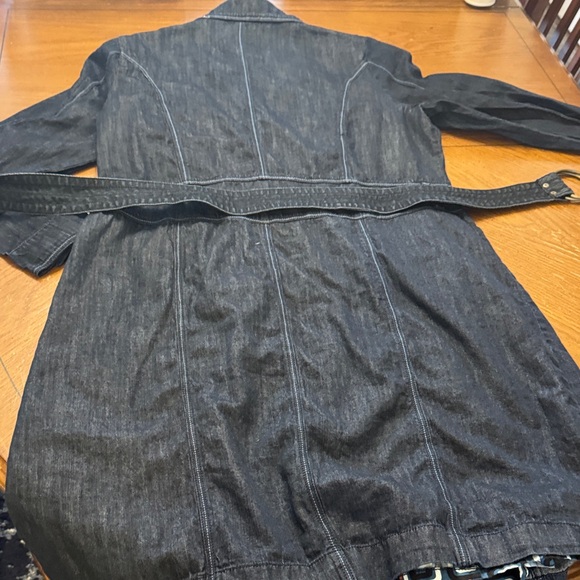Dark Denim Trench Coat Fitted Button Up Jacket w/ Pockets Patterned Lining 2X - Picture 3 of 14